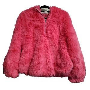 Free People faux fur pink cozy quarter zip hooded jacket pullover